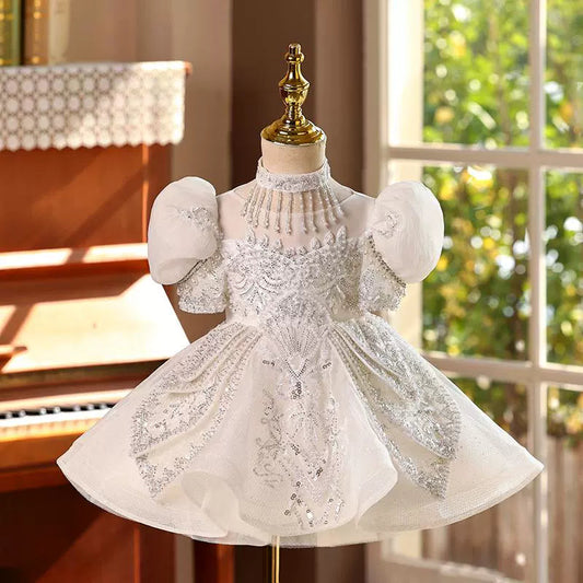 White Sequined A-Line Flower Girl Dress with Lace & Puff Sleeves