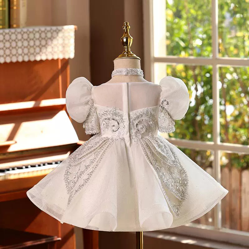 White Sequined A-Line Flower Girl Dress with Lace & Puff Sleeves