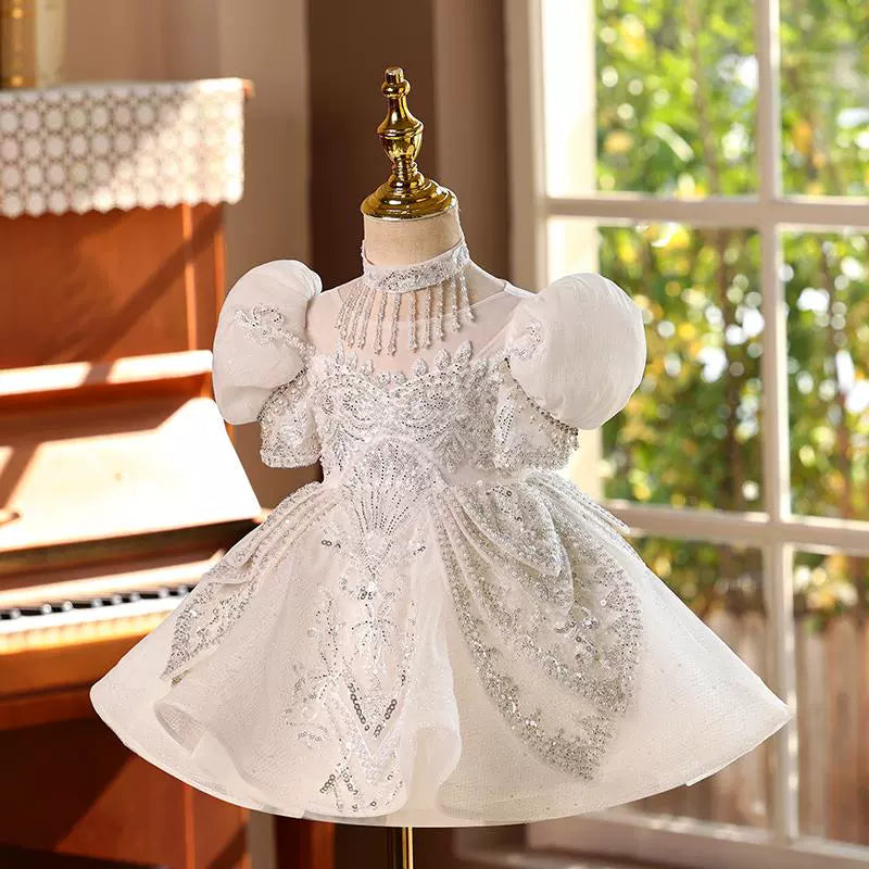 White Sequined A-Line Flower Girl Dress with Lace & Puff Sleeves