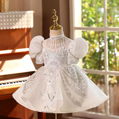 White Sequined A-Line Flower Girl Dress with Lace & Puff Sleeves