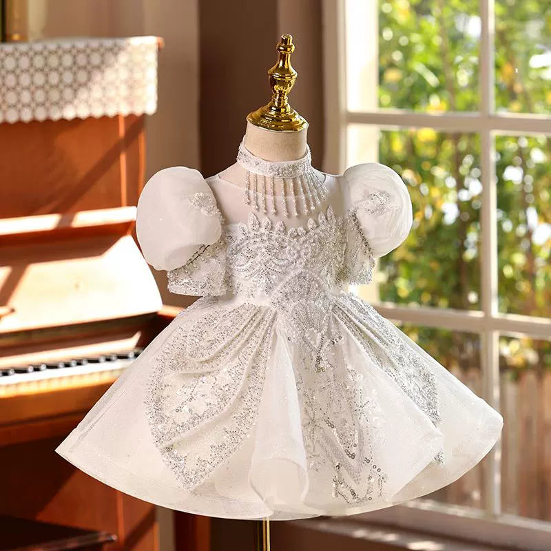 White Sequined A-Line Flower Girl Dress with Lace & Puff Sleeves
