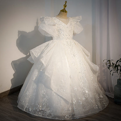 White Sequined A-Line Flower Girl Dress with Puff Sleeves