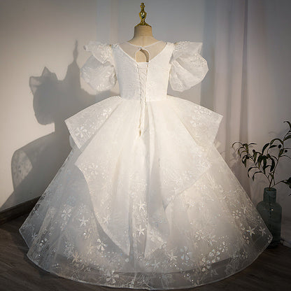 White Sequined A-Line Flower Girl Dress with Puff Sleeves