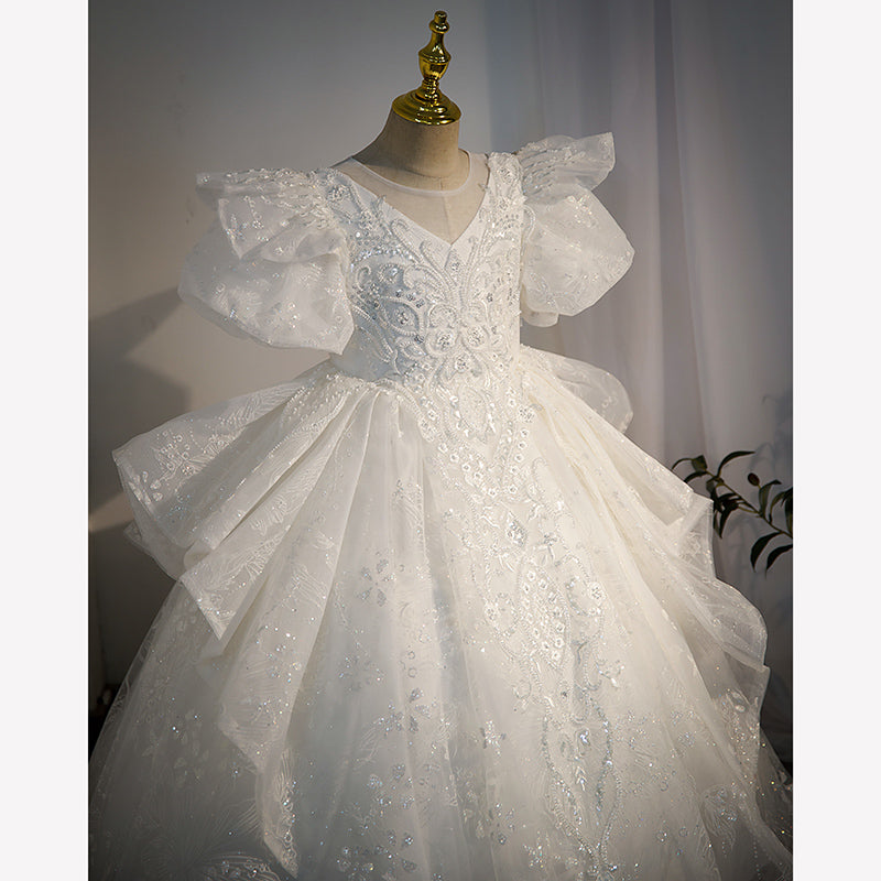 White Sequined A-Line Flower Girl Dress with Puff Sleeves