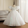 White Sequined A-Line Flower Girl Dress with Puff Sleeves