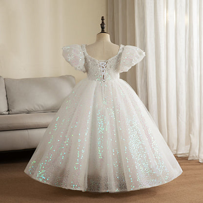 White Sequined A-Line Flower Girl Dress with Puff Sleeves