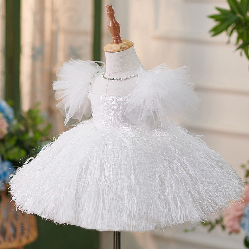 White Sequined Ball Gown Flower Girl Dress with Fringe – Knee Length Formal Dress for Special Occasions