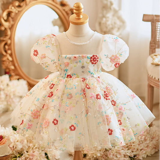 White Sequined Ball Gown Dress for Girls with Beaded Embellishments | Special Occasion and Party Wear