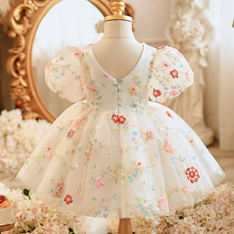White Sequined Ball Gown Dress for Girls with Beaded Embellishments | Special Occasion and Party Wear