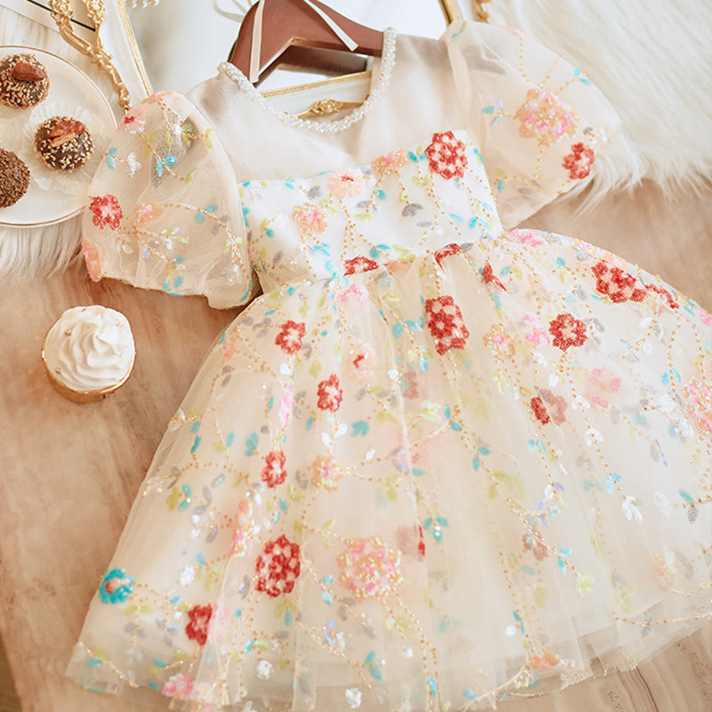 White Sequined Ball Gown Dress for Girls with Beaded Embellishments | Special Occasion and Party Wear