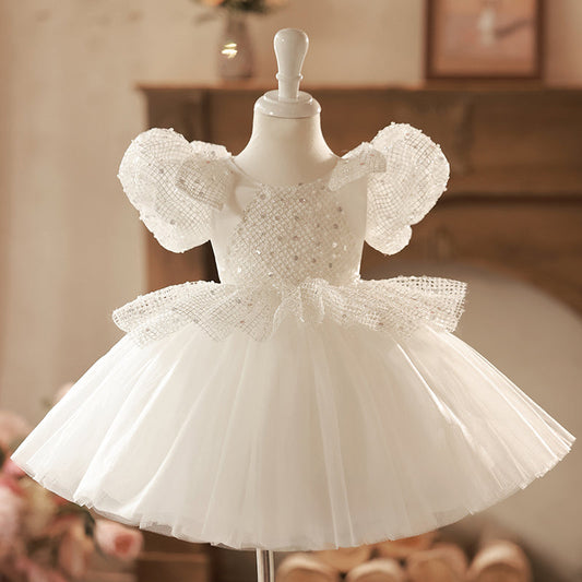 White Sequined Tulle Princess Dress for Girls | Knee-Length Special Occasion Dress