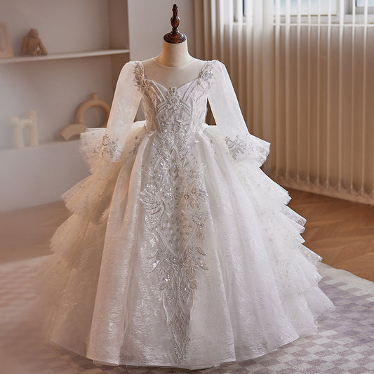 White Princess Sequined Dress with V-Neck & Long Sleeves for Girls | Special Occasion Floor-Length Gown