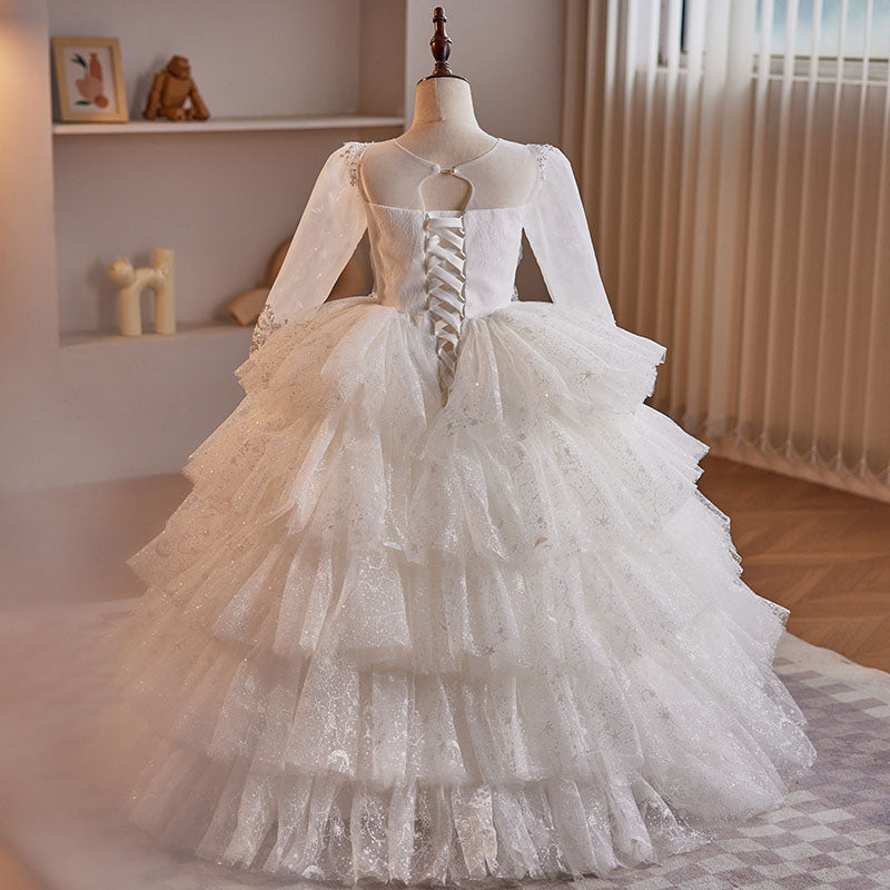 White Princess Sequined Dress with V-Neck & Long Sleeves for Girls | Special Occasion Floor-Length Gown