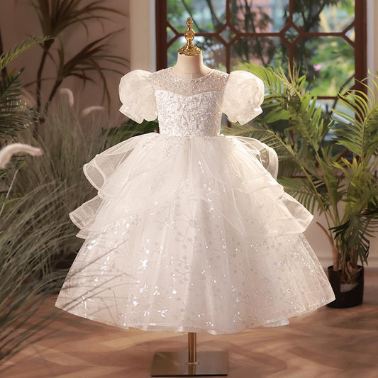 Girls' White Princess Floor-Length Dress with Sequins and Tulle | Special Occasion & Party Dress
