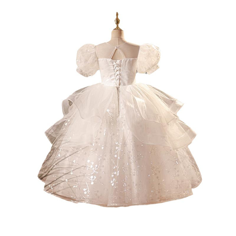 Girls' White Princess Floor-Length Dress with Sequins and Tulle | Special Occasion & Party Dress