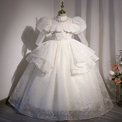 White Sequined Princess Flower Girl Dress - Puff Long Sleeves
