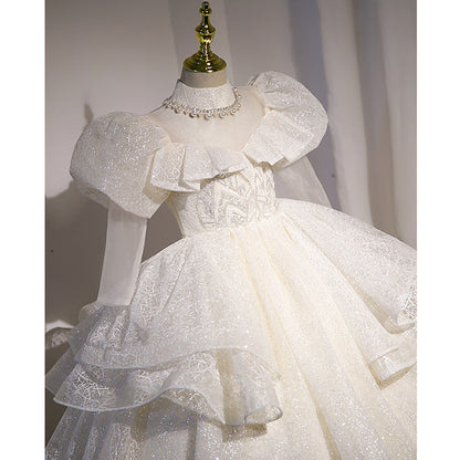 White Sequined Princess Flower Girl Dress - Puff Long Sleeves