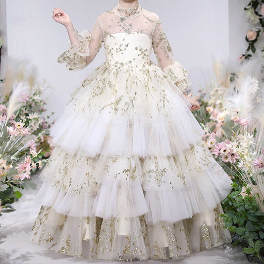 White Sequined Tulle A-Line Flower Girl Dress Bell Sleeve
