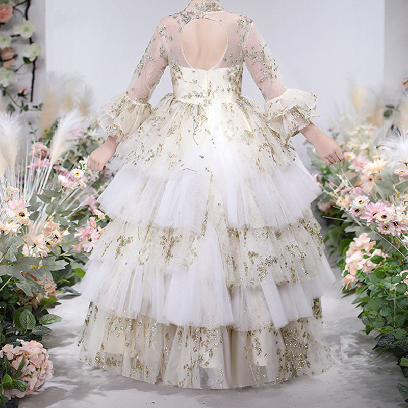 White Sequined Tulle A-Line Flower Girl Dress Bell Sleeve