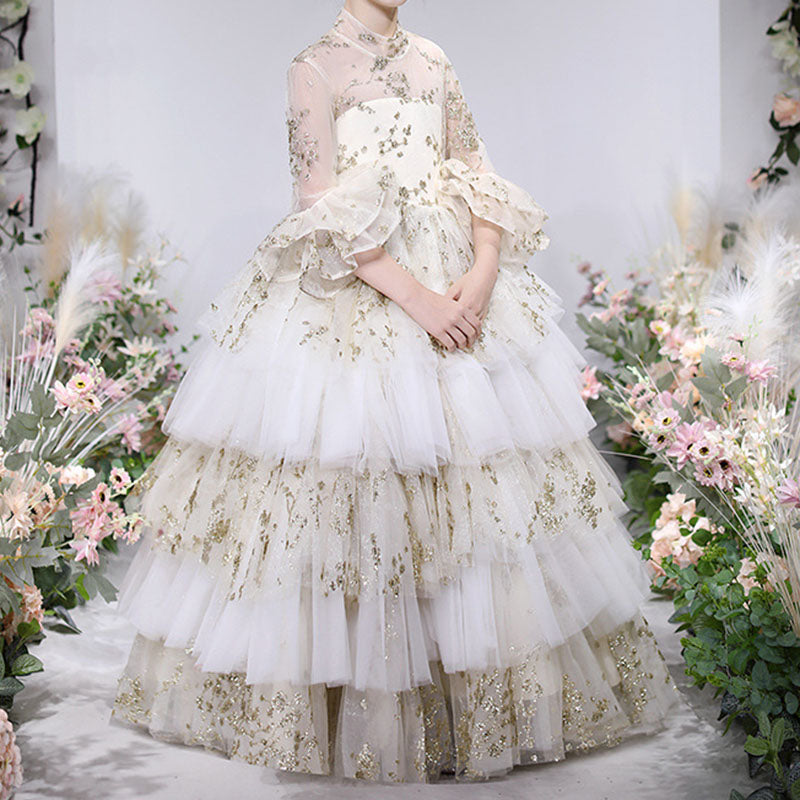 White Sequined Tulle A-Line Flower Girl Dress Bell Sleeve