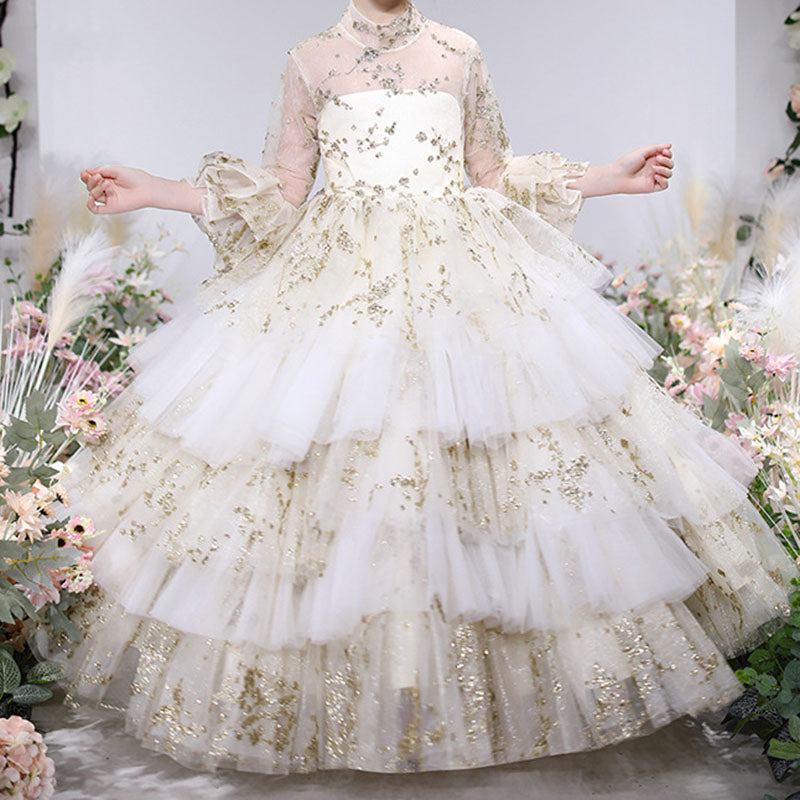 White Sequined Tulle A-Line Flower Girl Dress Bell Sleeve