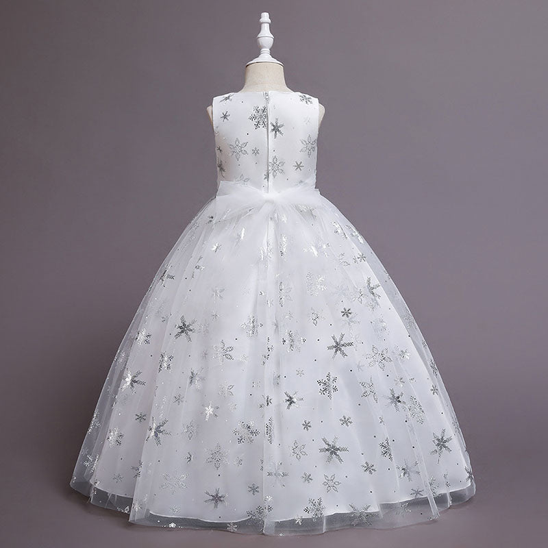 White Sequined Tulle A-Line Flower Girl Dress Bell Sleeve