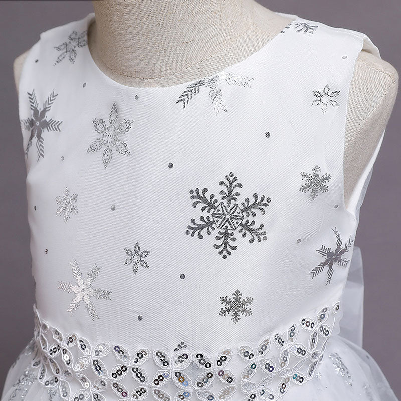 White Sequined Tulle A-Line Flower Girl Dress Bell Sleeve