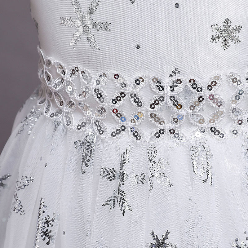 White Sequined Tulle A-Line Flower Girl Dress Bell Sleeve