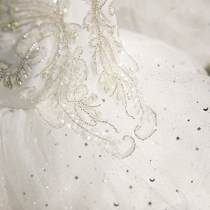 White Tulle & Sequined A-Line Flower Girl Dress - Puff Sleeves