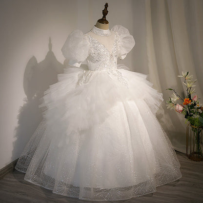 White Tulle & Sequined A-Line Flower Girl Dress - Puff Sleeves