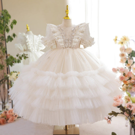 White Tulle A-Line Flower Girl Dress Lace Sequin Puff Sleeve