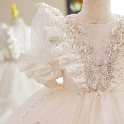 White Tulle A-Line Flower Girl Dress Lace Sequin Puff Sleeve