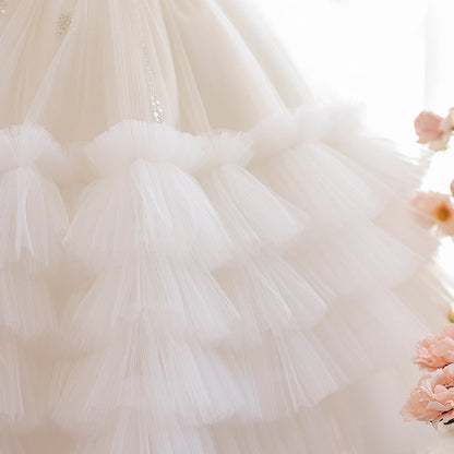 White Tulle A-Line Flower Girl Dress Lace Sequin Puff Sleeve