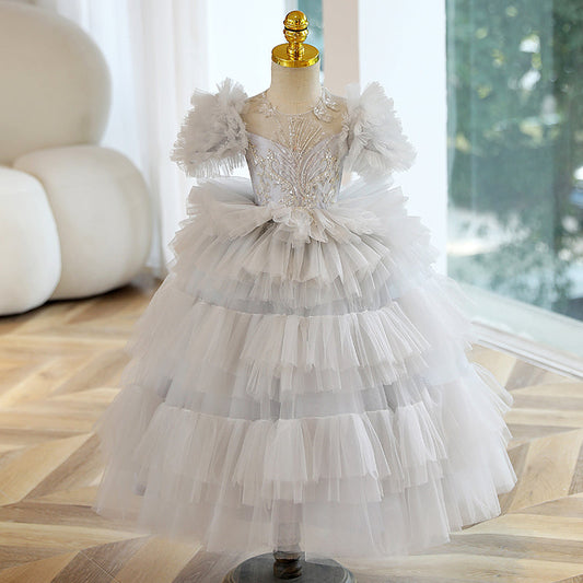 White Tulle A-Line Flower Girl Dress Lace Sequin Puff Sleeve