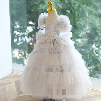 White Tulle A-Line Flower Girl Dress Lace Sequin Puff Sleeve