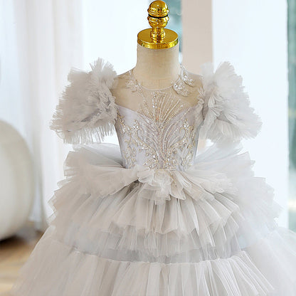 White Tulle A-Line Flower Girl Dress Lace Sequin Puff Sleeve