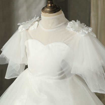 White Tulle A-Line Flower Girl Dress Long Lantern Sleeve Floor