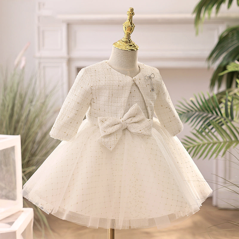 White Tulle A-Line Tea Length Flower Girl Dress Long Sleeve Bow