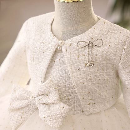 White Tulle A-Line Tea Length Flower Girl Dress Long Sleeve Bow