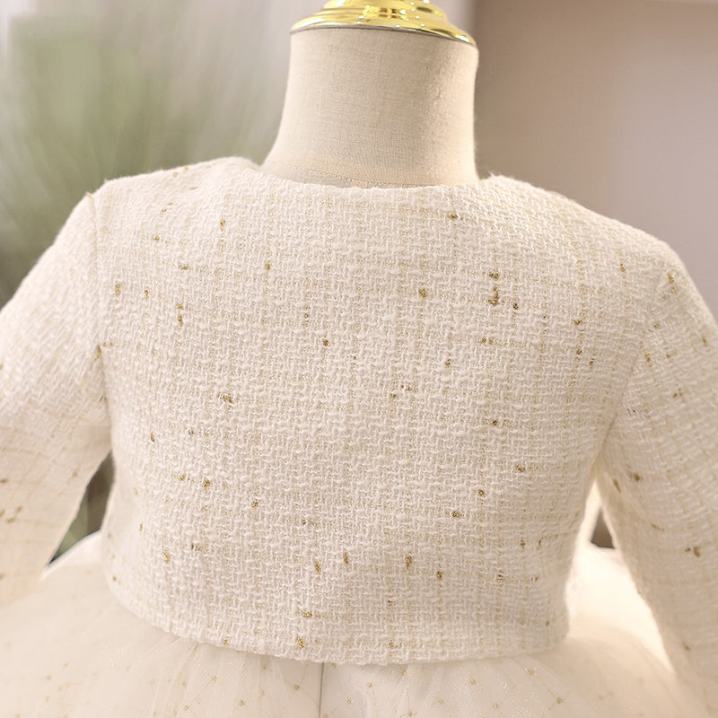 White Tulle A-Line Tea Length Flower Girl Dress Long Sleeve Bow