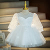 White Tulle Princess Dress Beaded Bow Lantern Sleeve Knee