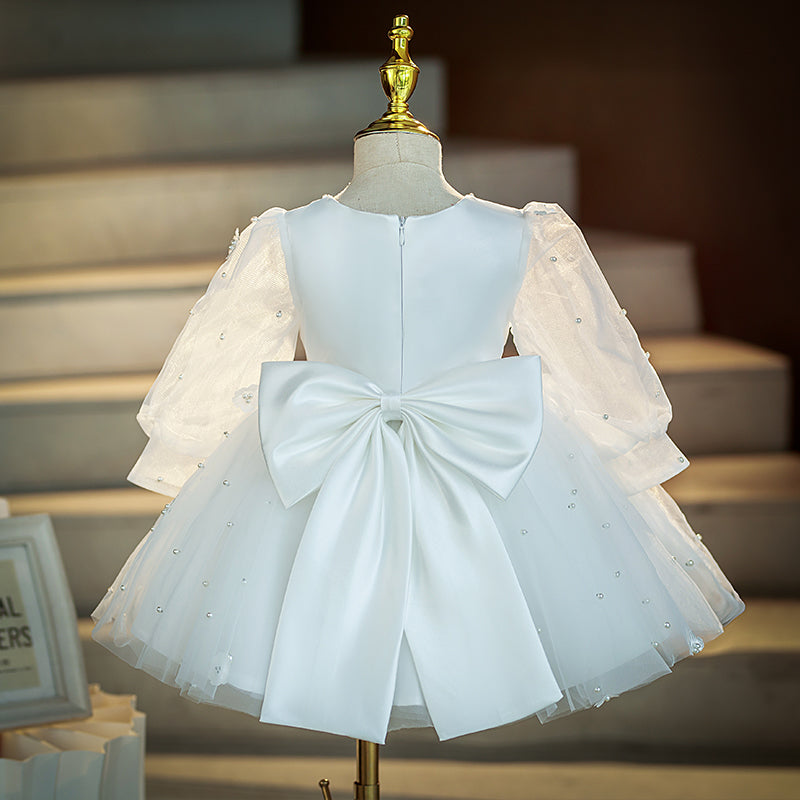 White Tulle Princess Dress Beaded Bow Lantern Sleeve Knee
