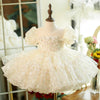 White Tulle Princess Flower Girl Dress Pleated Boat Neck Puff
