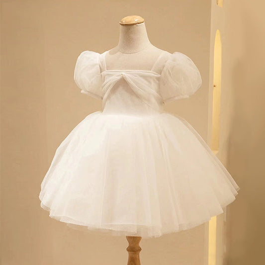 White Tulle Princess Flower Girl Dress - Puff Sleeves