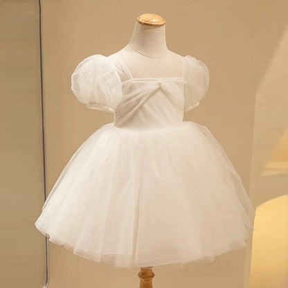 White Tulle Princess Flower Girl Dress - Puff Sleeves
