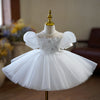 White Tulle Princess Flower Girl Dress with Lace & Puff Sleeves