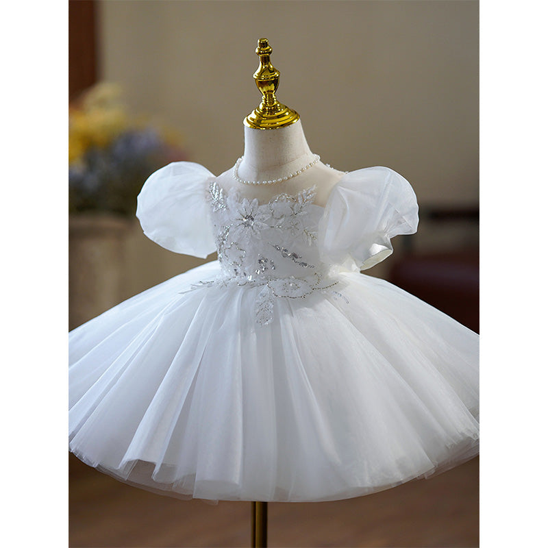 White Tulle Princess Flower Girl Dress with Lace & Puff Sleeves