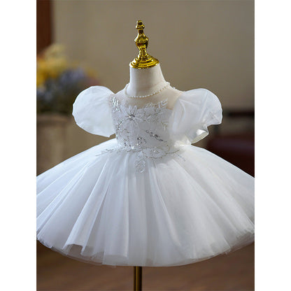 White Tulle Princess Flower Girl Dress with Lace & Puff Sleeves