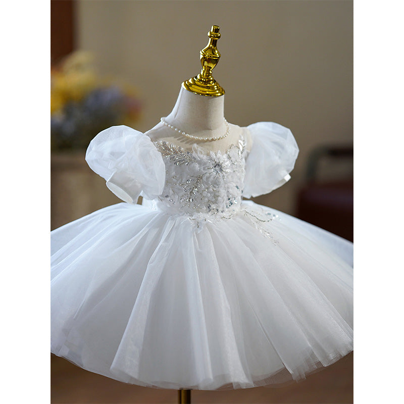White Tulle Princess Flower Girl Dress with Lace & Puff Sleeves