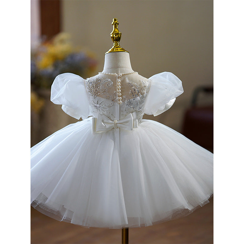 White Tulle Princess Flower Girl Dress with Lace & Puff Sleeves